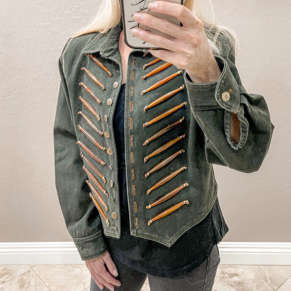 DOUBLE D RANCH Vintage Amber  HORN BEADED Olive Green Denim Womens Jacket size M